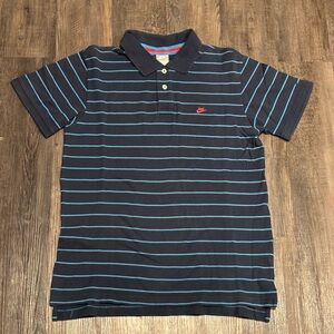 Nike Men's Navy Polo with Light Blue Stripes and Red Swoosh